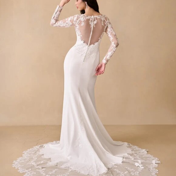 Azazie Mistie Mermaid V-Neck Sequins Stretch Crepe Wedding Dress - Picture 3 of 5